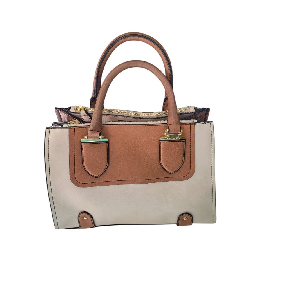 London Fog Women's Satchel Bag Medium Cognac and Off White Snap Zippers - Picture 2 of 16